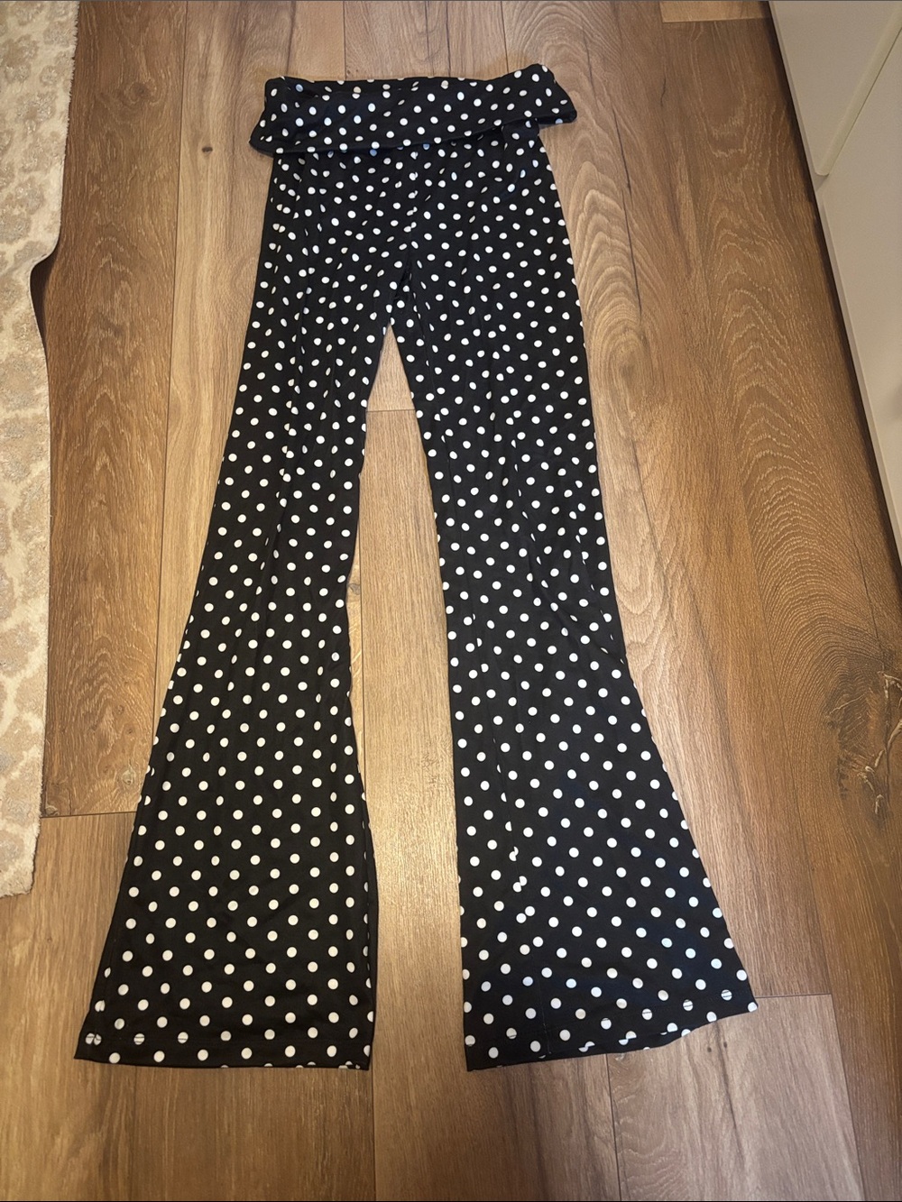 Polka Dot Wide-Leg Foldover Waist Pants - Black/White